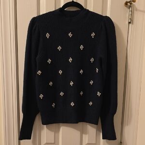LIZ CLAIBORNE BRAND WOMEN'S NAVY BLUE PULLOVER SWEATER EMBELLISHED SIZE XS